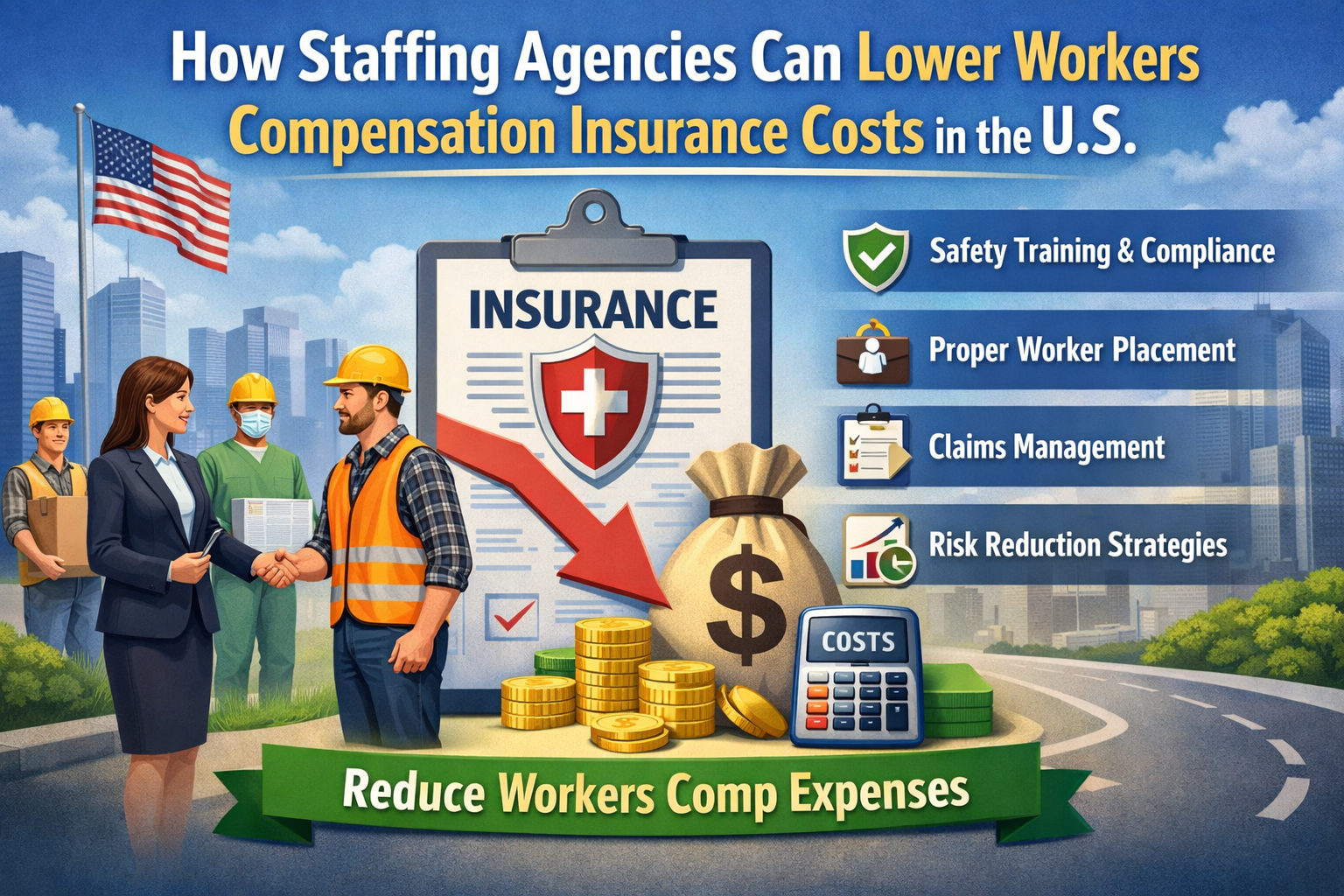 create an attractive image with using this keyword: How Staffing Agencies Can Lower Workers Compensation Insurance Costs in the U.S.